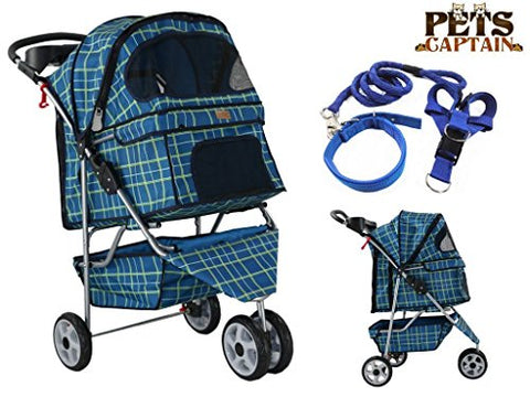 Image of Premium Quality Pet Carrier Stroller For Cat & Dog By Pets Captain, Mesh Sides & Undercarriage Storage, 2 Cup Holders, Foldable, Bonus Leash, Collar & Harness, 66 Lbs Weight Limit