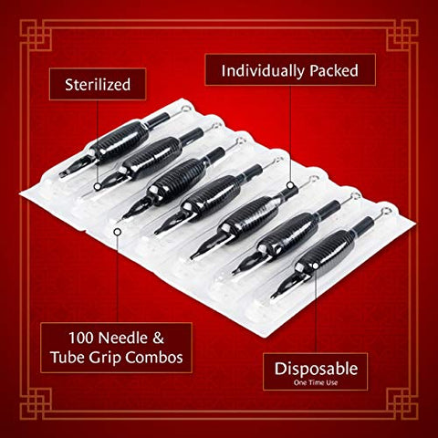 Image of One Tattoo World 100pcs Disposable Tattoo Needle and Tube 3/4 Grip RL/RS/M1, OTW-CTGT-34G1