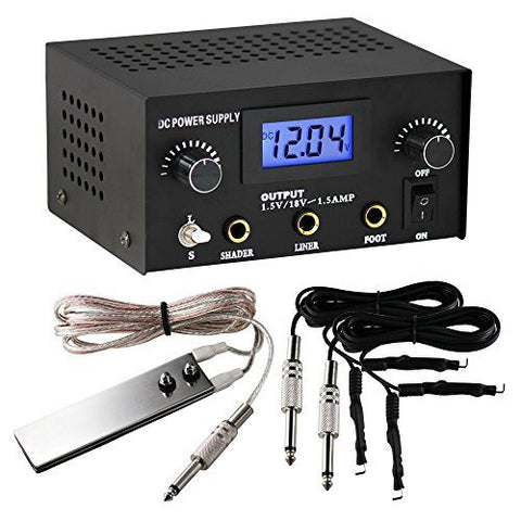 Image of One Tattoo World Dual Digital Tattoo Power Supply with Foot Pedal and 2 Clip Cords, Black Color, OTW-P008-3.1