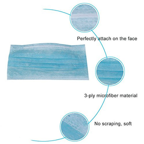 Image of 1TattooWorld 50 Count 3 Ply Disposable Filter Mask Earloop Woven Masks Nose Allergy Dust Mask for Medical Dental Surgical Hypoallergenic Face Mask, Blue Color, OTW-BFMask50