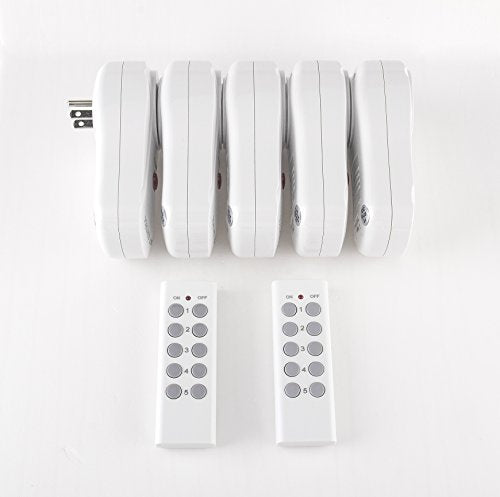 BiCoreTech 5-pack Wireless Remote Control Electrical Outlet Switch for Household Appliances, Wireless Remote Light Switch, White (Fixed Code, 5 Switches and 2 Remote Controllers), BCT-WS3055