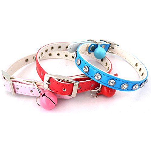 PetsCaptain 3 Pieces (Red, Blue, Pink) Set Cute Crystal Dog Collar Cat Collar with Bell for small Dogs and Cats (0.4" Wide x Adjustable Neck Size 7.75" ~10.5"), PSC-C5002M3
