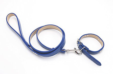Image of PetsCaptain Stylish Leather Pet Supplies Dog and Cat Leash (0.63" x 48") with Collar(0.63" x 9.5~12.5" Neck Size) Set for Small Dogs and Cats, Blue Color, PSC-LC5026SB