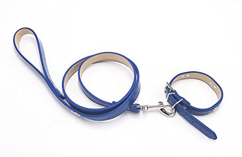 Image of PetsCaptain Stylish Leather Pet Supplies Dog and Cat Leash (0.63" x 48") with Collar(0.63" x 9.5~12.5" Neck Size) Set for Small Dogs and Cats, Blue Color, PSC-LC5026SB