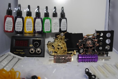 1TattooWorld Premium Tattoo Kit 2 Handmade Machine Gun Digital Power Supply Needles 7 Color 1/2 oz Inks, OTW-KK02