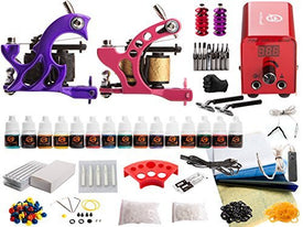 1TattooWorld Red Series Tattoo Kit 2 Tattoo Machines, Digital Power Supply, 10 Color 5ml Tattoo inks, Grips, Needles, Transfer Paper etc, OTW-KTR215A1