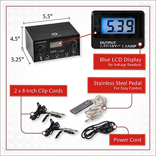 One Tattoo World Dual Tattoo Machine Power Supply | Digital LCD Display | Stainless Steel Pedal & 2 Clip Cords | Black