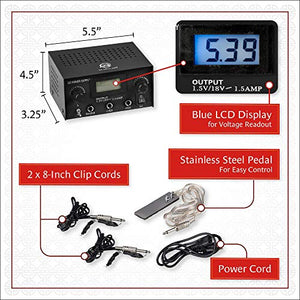 Pirate Face Tattoo Dual Digital Tattoo Power Supply with Foot Pedal and 2 Clip Cords, Black Color