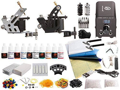 1TattooWorld Tattoo Kit 2 Tattoo Machines, Digital Power Supply, 10 Color 5ml Tattoo inks, Grips, Needles, Transfer Paper etc, OTW-KTB210A1