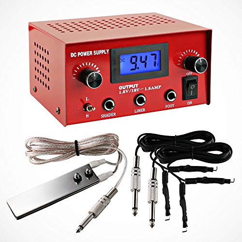One Tattoo World Dual Digital LCD Tattoo Machine Power Supply | LCD Display | Stainless Steel Pedal & 2 Clip Cords | Red