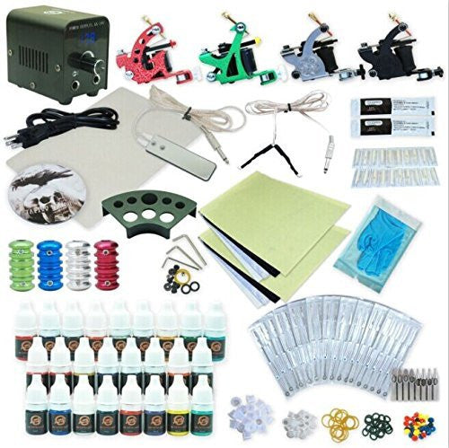 1TattooWorld Complete Tattoo Starter Kit, 4 Tattoo Machines, Digital Power Supply, 25 Color 5ml Tattoo inks, Grips, Needles, Transfer Paper etc, OTW-KTB425A