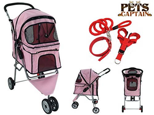 PetsCaptain Pet Stroller Cat & Dog Folding Travel Carrier Carriage with Leash, Harness, and Collar Bundle, 55 Lbs Weight Limit