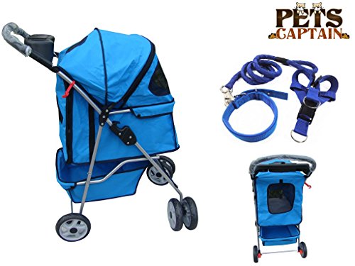 Premium Quality Pet Carrier Stroller For Cat & Dog By Pets Captain, Mesh Sides & Undercarriage Storage, 2 Cup Holders, Foldable, Bonus Leash, Collar & Harness, 66 Lbs Weight Limit
