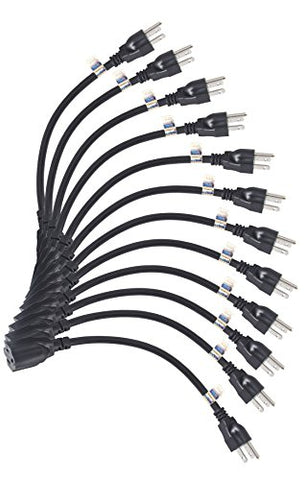 Image of BiCoreTech 12 Pack Power Extension Cord Cable, Outlet Saver, 3 Prong, 16AWG-13A, UL Listed, BCT-PC3M12