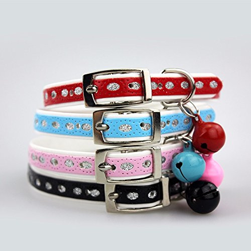 PetsCaptain 4 Pieces (Red, Blue, Pink, Black) Set Cute Crystal Dog Collar Cat Collar with Bell for small Dogs and Cats (0.4" Wide x Adjustable Neck Size 7.75" ~10.5"), PSC-C5008M4