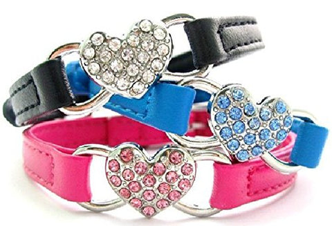 Image of PetsCaptain 3-Color Set (Black, Blue, and Pink) Leather Cute Pet Collar with Crystal Heart (Adjustable Neck Size 9.75"~10.75") for Small and Medium Dogs and Cats, PSC-5033SM3