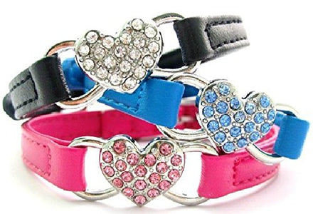 PetsCaptain 3-Color Set (Black, Blue, and Pink) Leather Cute Pet Collar with Crystal Heart (Adjustable Neck Size 9.75"~10.75") for Small and Medium Dogs and Cats, PSC-5033SM3
