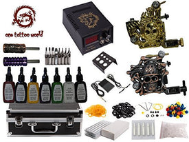 1TattooWorld Premium Tattoo Kit 2 Handmade Machine Gun Digital Power Supply Needles 7 color 1/2 oz Inks, OTW-KK02