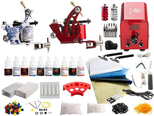 1TattooWorld Red Series Tattoo Kit 2 Tattoo Machines, Digital Power Supply, 10 Color 5ml Tattoo inks, Grips, Needles, Transfer Paper etc, OTW-KTR210A
