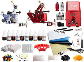 1TattooWorld Red Series Tattoo Kit 2 Tattoo Machines, Digital Power Supply, 10 Color 5ml Tattoo inks, Grips, Needles, Transfer Paper etc, OTW-KTR210A