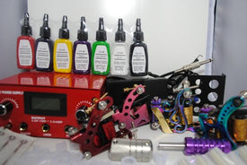 1TattooWorld Professional Tattoo Kit 4 Handmade Machine Gun Red Digital Power Supply Needles 7 Color 1/2 oz Inks, OTW-KK04
