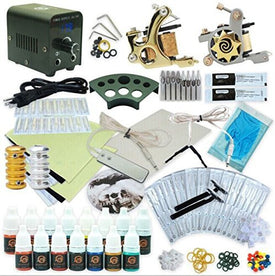 1TattooWorld Deluxe Tattoo Kit 2 Tattoo Machines, Digital Power Supply, 15 Color 5ml Tattoo inks, Grips, Needles, Transfer Paper etc, OTW-KTB215B