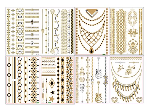 1TattooWorld 8-Sheets (6"x 8") Metallic Temporary Tattoos, Flash Tattoos, 75+ Large Tattoo Designs, OTW-TMPTS801