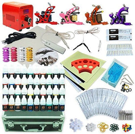 1TattooWorld Premium Red Tattoo Kit, 4 Tattoo Machines, Red Power Supply, 40 Color Tattoo inks, Grips, Needles, Carrying case, OTW-KTR440A