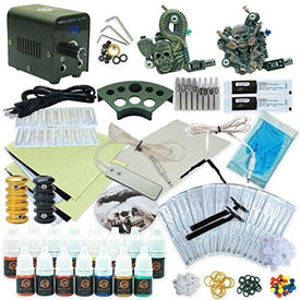 1TattooWorld Professional Tattoo Kit 2 Tattoo Machines, Digital Power Supply, 15 Color 5ml Tattoo inks, Grips, Needles, Transfer Paper etc, OTW-KTB215A1
